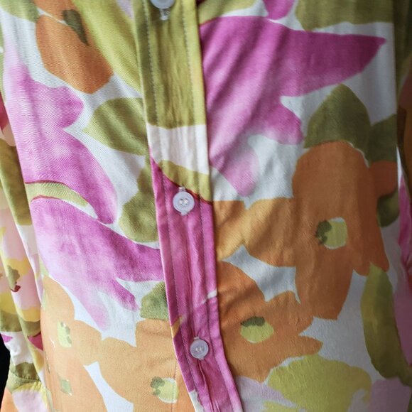 With Jean Pink Green Yellow Orange Floral Long Sleeve Button Front Collar Dress - Picture 13 of 16